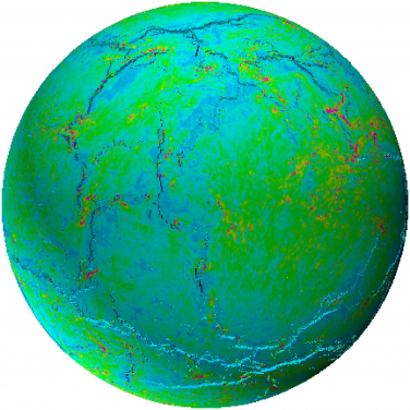 圖1.新論說模型圖顯示了一個正在發展的全球裂縫網絡（後期階段）。黑色/陰影為斷裂，而顏色顯示則代表應力（粉紅色表示拉伸應力、藍色表示壓縮應力）。